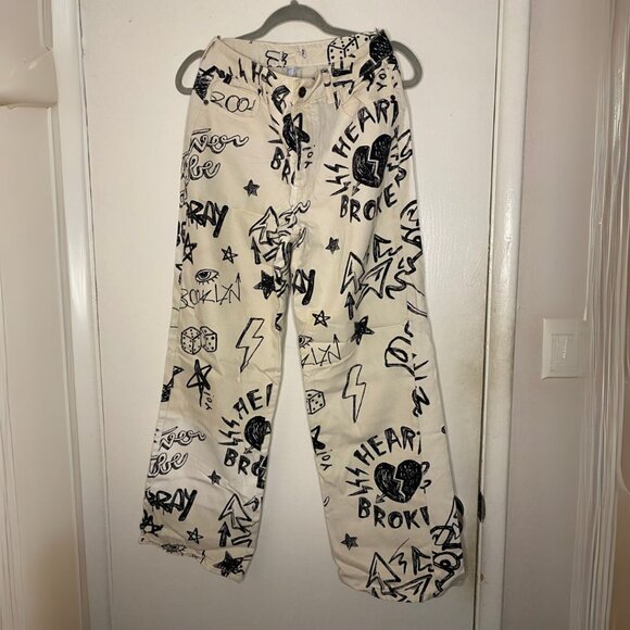 Graffiti Print Wide Leg Jeans White/Black – Size 27 - Picture 1 of 2